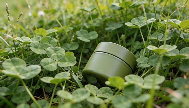 Olive-green cosmetic jar resting in clover patch closeup for natural skincare branding