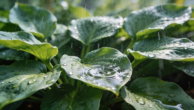 Glossy green leaf holding rainwater ripple, close-up raindrops on lush foliage