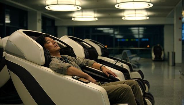 Asian traveler sleeping in airport massage chair during overnight layover relaxing transit lounge