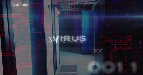 Cyberpunk Data Center Corridor Showing Glowing Server Racks, Blue Cabinet 1, VIRUS Overlay