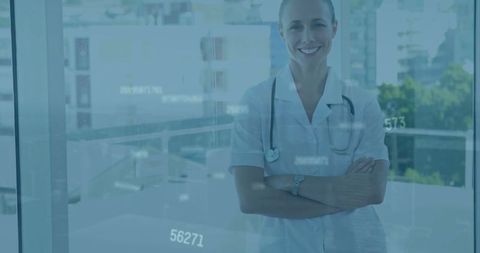 Confident Female Doctor with Digital Data Interface