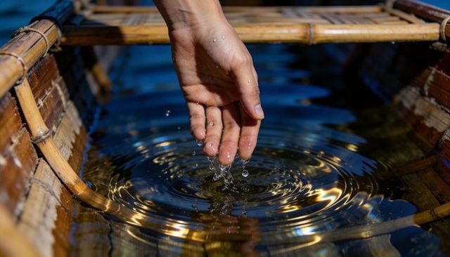 Bare hand touching sunlit water in bamboo trough creating golden droplets and ripples