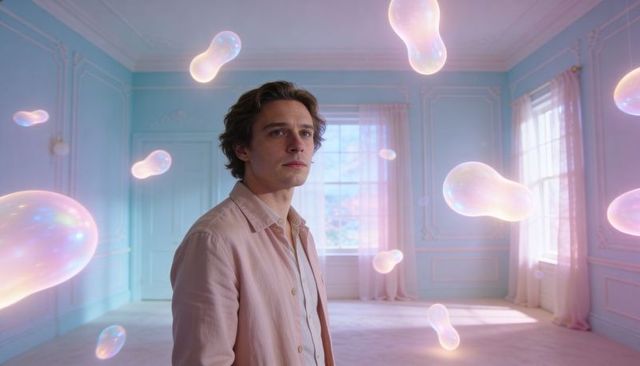 Man standing in pastel parlor with floating iridescent orbs and dreamlike surreal blobs