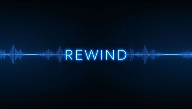 Glowing neon rewind text with horizontal audio waveform dark futuristic interface background