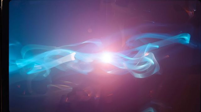 Glowing Cyan Ribbons Twisting Across Purple-Maroon Field, Central Flare and Orange Sparks