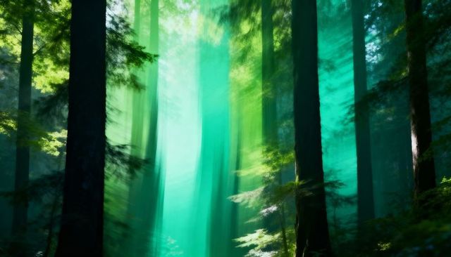 Turquoise Mist Bathing Old-Growth Conifer Forest with Vertical Sunbeams and Mossy Ferns