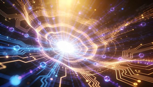 Pulsing energy core emitting hexagonal wave rings through neon circuitry and dataflow