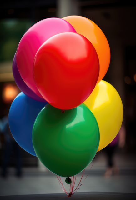 Cluster of colorful helium balloons outdoors on a blurred urban background. Bright and cheerful decor ideal for celebrations, parties, and festive events. Perfect for advertising campaigns, social media posts, and event promotions.