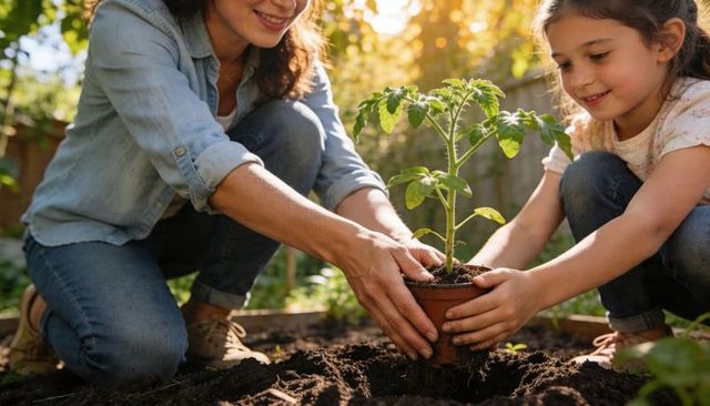 Mother and daughter planting tomato seedling in backyard garden nurturing growth and bond
