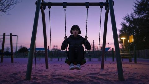 Teenage girl swinging at dusk in quiet playground - shy concept