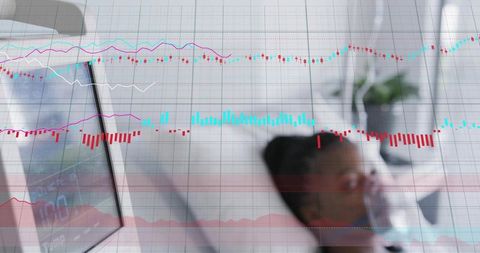 Relaxing remote trader analyzing market charts on laptop with double exposure overlay
