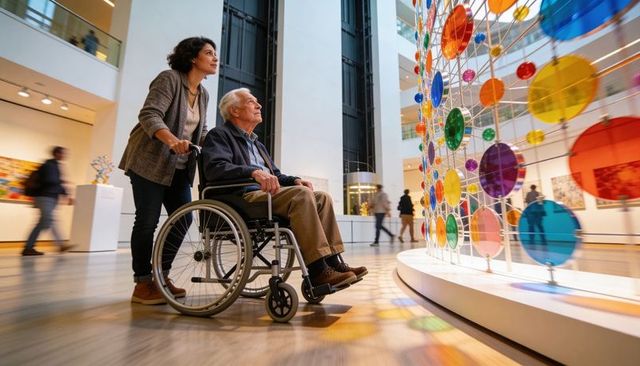 Caregiver pushing senior man in wheelchair through modern museum with colorful disc sculpture