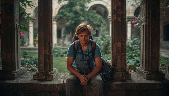 Backpacker resting in historic cloister holding trekking pole, reflective travel portrait