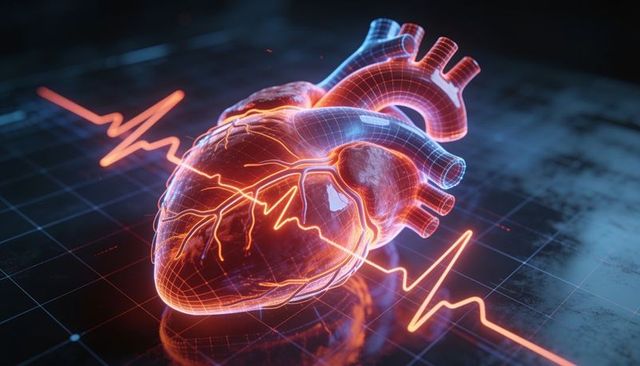 Futuristic neon holographic heart with wireframe coronary network and ecg waveform