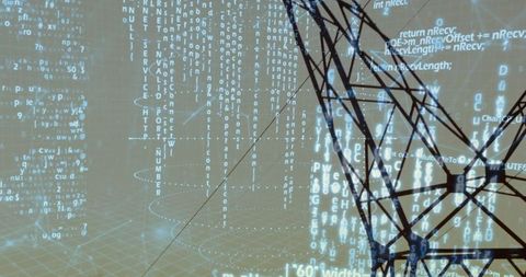 Futuristic digital network wireframe with coding streams