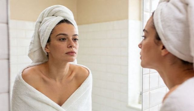 Woman in white towel and turban gazing at mirror reflecting on morning skincare ritual