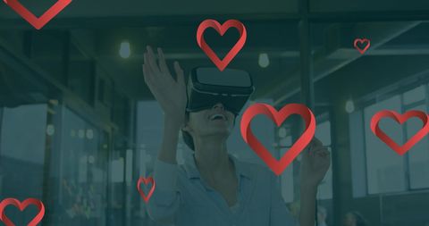 Woman Experiencing Virtual Reality Love Hearts