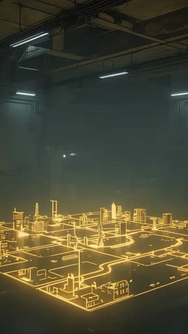 Materializing Golden Holographic City Model on Underground Platform — Futuristic AR Tech Vertical Vi