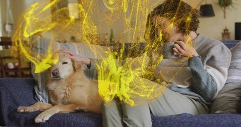 Woman in Sweater Relaxing with Golden Retriever on Sofa, Artistic Effect