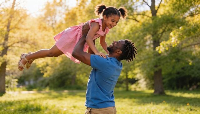 Dreadlocked father lifting laughing daughter in sunlit park during golden hour family moment