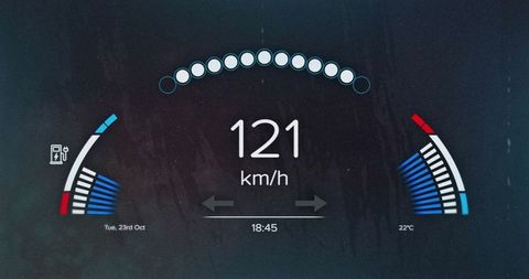 Digital car dashboard display with speedometer and indicators