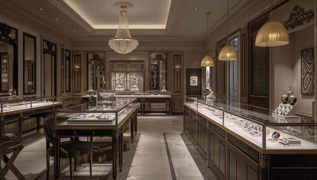 Opulent luxury jewelry boutique interior with glass display cases, chandelier ambience