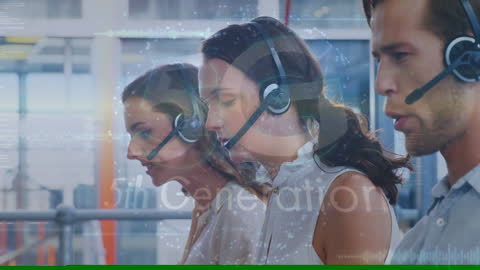 Team Handling Customer Service Calls Wearing Headsets in Modern Office