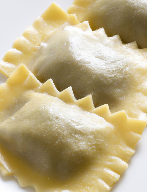 Detailed view of uncooked fresh ravioli showcasing texture and craftsmanship. Ideal for food blogs, cooking websites, culinary books, and advertisements for Italian cuisine or cooking classes. Perfect for visuals emphasizing handmade or artisanal Italian dishes.