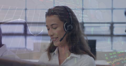 Smiling Customer Support Representative with Digital Data Overlay