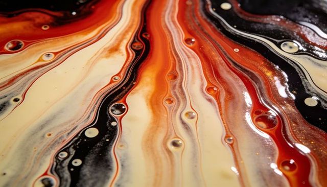 Flowing metallic acrylic pour with cream, orange, red and black ribbons, glossy cells, gold flecks