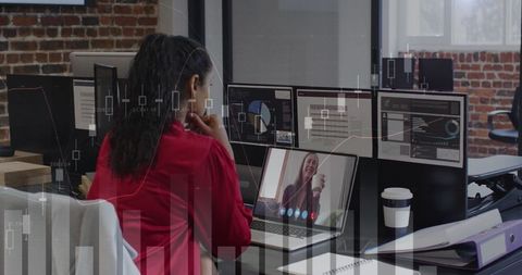 Businesswoman engaging in remote meeting with financial technology interface