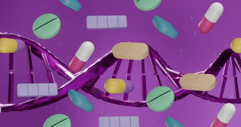 DNA Helix with Diverse Pharmaceutical Pills on Purple Background