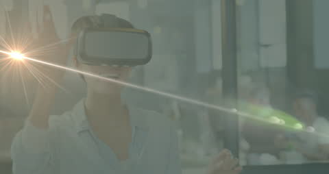 Caucasian Woman Using VR Headset in Modern Office Environment