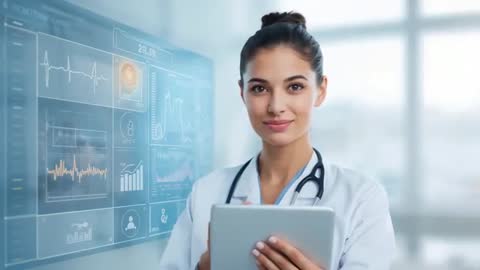 Doctor Reviewing Digital Patient Data on Tablet with Holographic ECG Interface