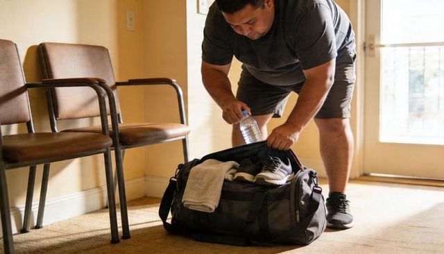 Man packing gym bag in entryway placing water bottle into duffel with towel and sneakers
