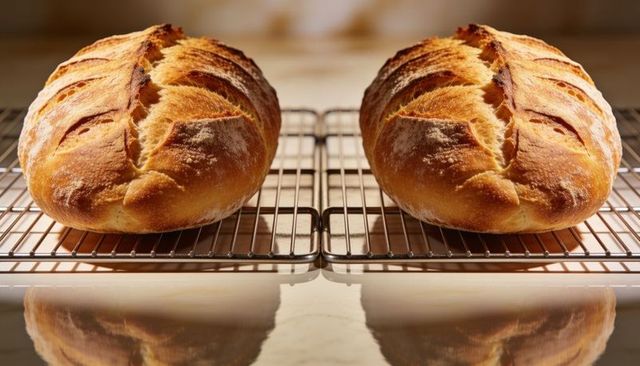 Cooling artisan bread loaves on wire racks with golden crust and countertop reflection