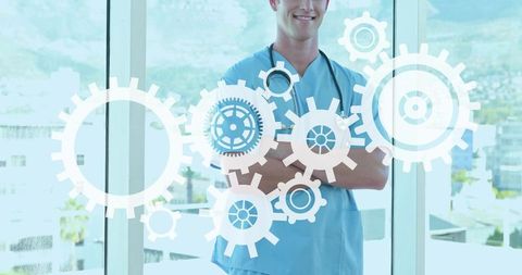 Standing healthcare professional in scrubs with cogwheel overlay representing medical tech
