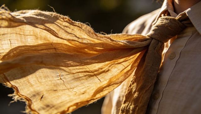 Gauze scarf catching sunlight, flowing tie and frayed texture against linen shirt