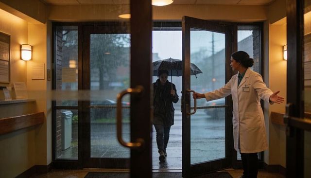 Healthcare worker welcoming patient through glass doors during heavy rain outside clinic