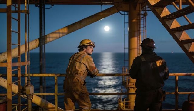 Offshore workers leaning on rig railing watching moonlit ocean at night on industrial platform