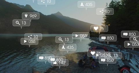 Campfire social overlay at lakeshore sunset with campers, tent and mountain background