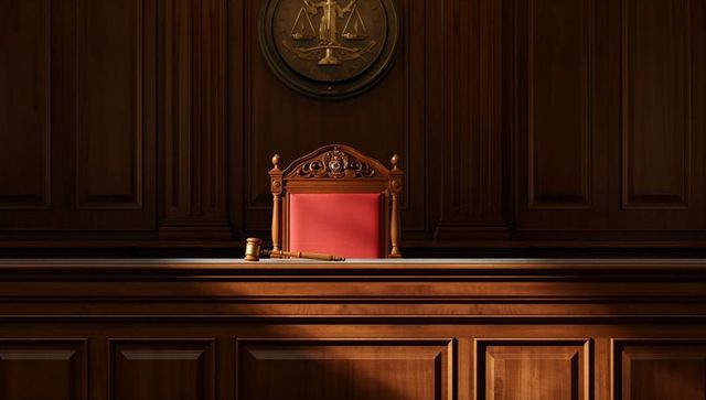Ornate judge bench with carved red judicial chair, gavel and scales emblem in courtroom