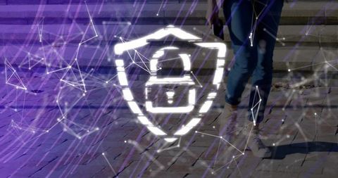 Digital Shield with Padlock Emphasizing Cybersecurity in Urban Environment