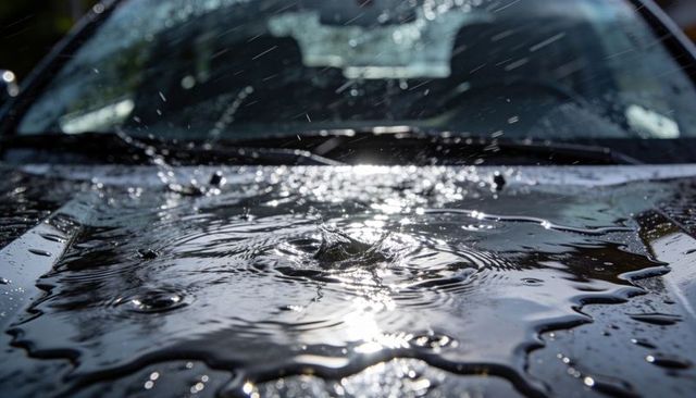 Splashing Water on Car Hood Creating Concentric Ripples and Glossy Sunlit Reflections