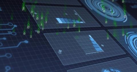 Holographic Data Panels Floating Over Grid Streaming Binary Digits and Futuristic HUD