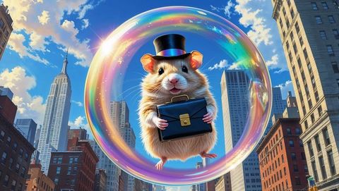 Whimsical hamster in top hat floating above urban skyline