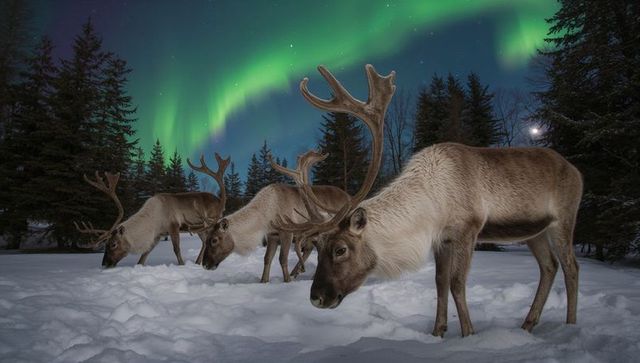 Foraging Reindeer Herd Under Dancing Aurora Borealis in Snowy Pine Forest Moonlit Night