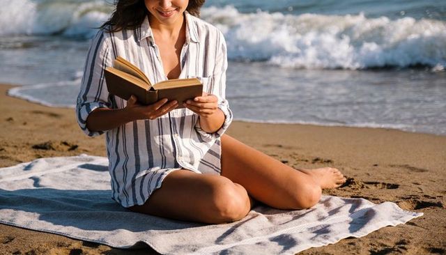Shoreline reading: woman in striped shirt relaxing with paperback on beach towel at golden hour