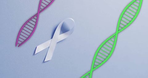 Dna strands and white awareness ribbon on blue background