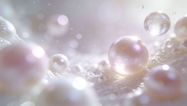 Opalescent pearls glistening on ridged petal with iridescent bokeh and micro bubbles